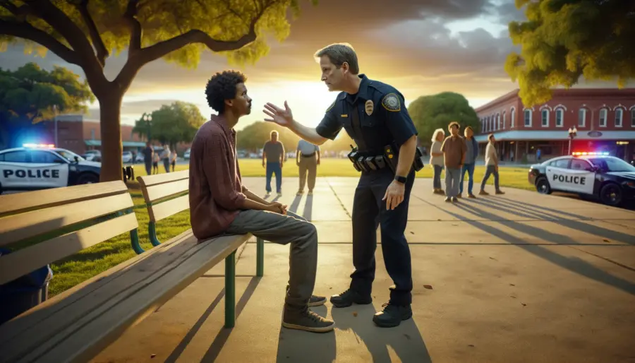 A law enforcement officer uses de-escalation techniques in a public setting, engaging with a civilian through active listening and empathy.