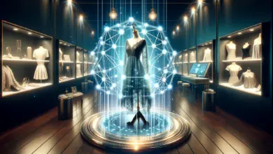 Luxurious dress protected by digital blockchain links in a modern fashion showroom, symbolizing security against counterfeiting.