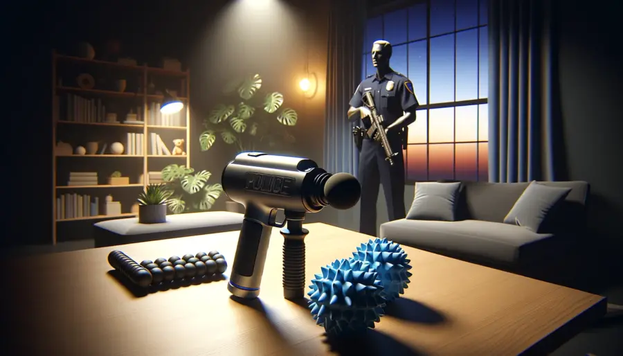 16 Best Gift Ideas for Police Officers | Unique Picks of 2024 9 A police officer using a massage gun for muscle relaxation in a serene home setting, surrounded by recovery tools.
