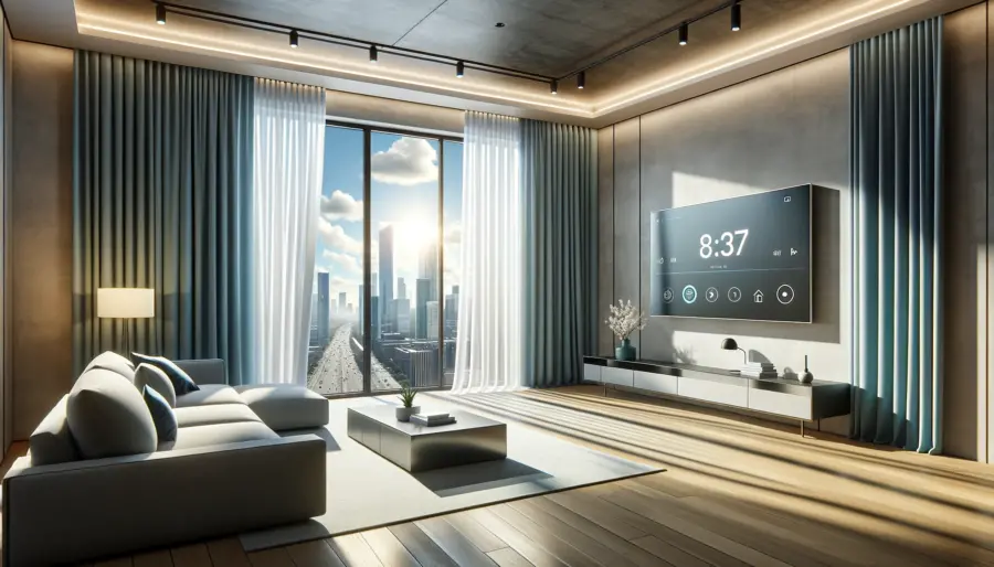 Modern living room with high-tech motorized curtains partially open, showcasing a sunny urban view outside.