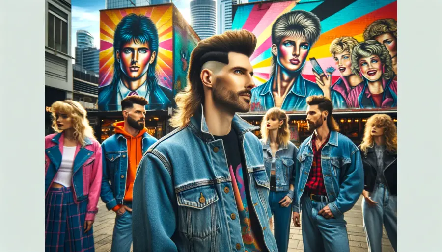 Modern individuals on an urban street, flaunting updated undercut mullets against a backdrop of vibrant street art that echoes '80s pop culture.