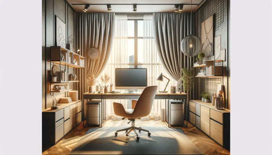 2024 Room-Specific Curtains to Enhance Your Home's Style & Functionality 5 Modern home office filled with natural light through personalized curtains, blending style with functionality for an inspiring workspace.
