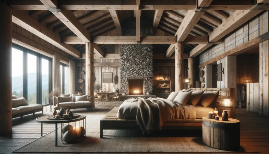Spacious rustic bedroom with wooden beams, a stone fireplace, and furniture made of natural materials.