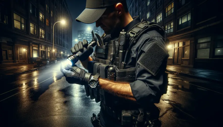 A police officer uses a tactical flashlight to navigate through a dark urban alley during a night shift, showcasing the practicality and durability of gifted items. The beam of the flashlight cuts through the darkness, highlighting the challenging and demanding nature of police work. The officer, in full uniform, checks the time on a durable watch, ready to respond to any situation with reliability and dedication.