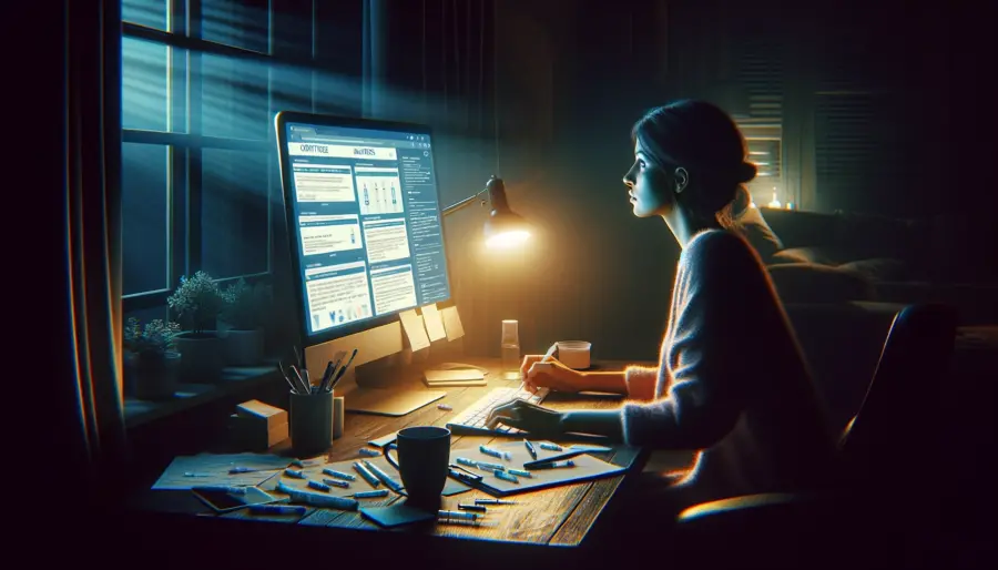 A woman researches contraceptive injections late at night, surrounded by notes and a cup of tea, with her computer screen illuminating various medical studies and articles, creating an atmosphere of concern and empowerment.