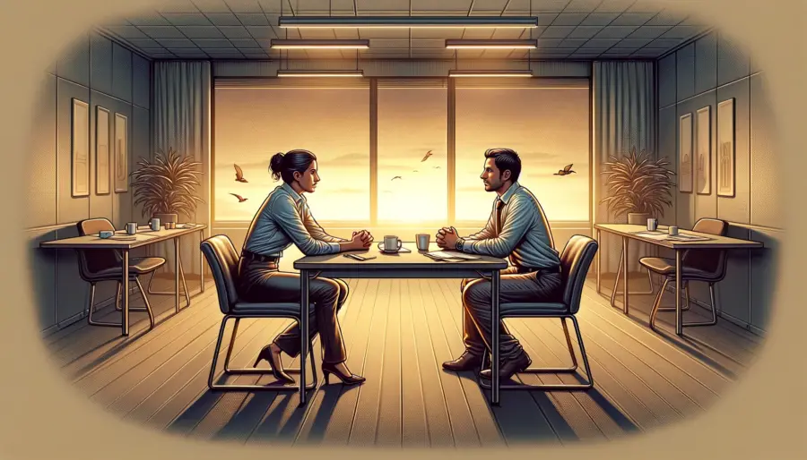 De-Escalation in High-Stress Environments: Strategies for Quick and Effective Resolution 5 Close-up of two individuals showing a moment of empathy and understanding, with one offering a comforting smile and nod, indicating a breakthrough in communication.
