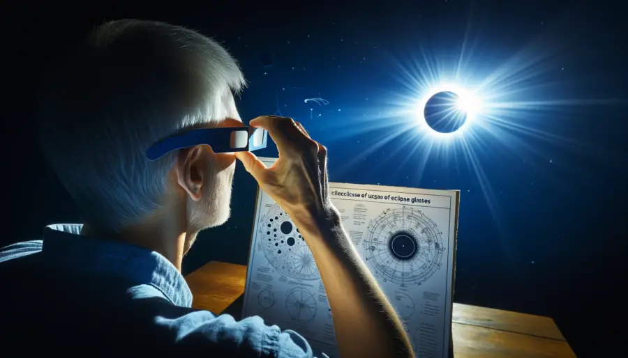 Individual performing a visibility check with certified eclipse glasses, focusing on the sun against a clear sky, demonstrating effective solar filtration.