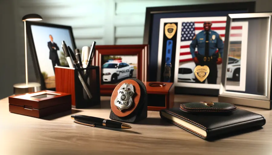 A wooden desk adorned with personalized gifts for a police officer, including a customized badge holder engraved with a name and badge number, an elegant pen with initials, and a piece of wall art featuring police themes personalized with the officer's rank. The warm lighting enhances the craftsmanship of each item, creating an atmosphere of deep appreciation and respect for the profession.