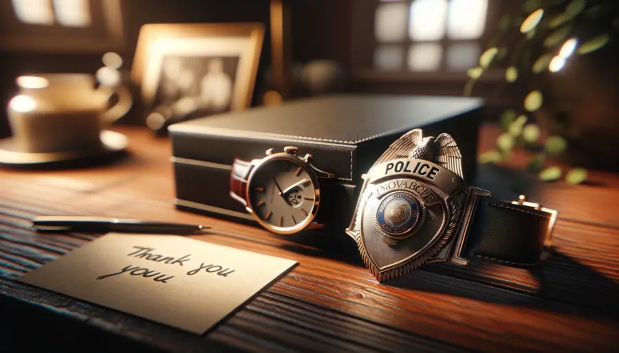 Personalized police badge and engraved watch on a wooden desk, highlighting sentimental gifts for police officers.