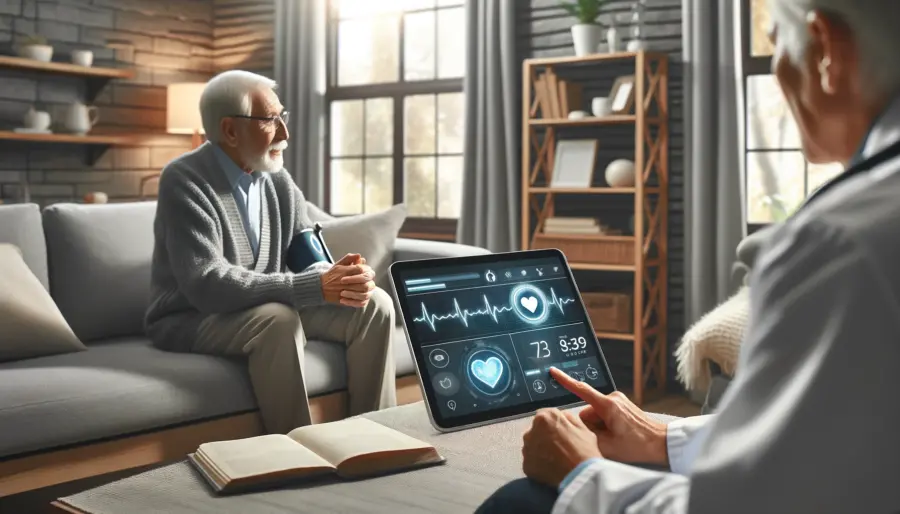 A senior citizen at home wearing smart clothing for health monitoring, engaging with a healthcare professional via a video call, symbolizing comfort and advanced care.
