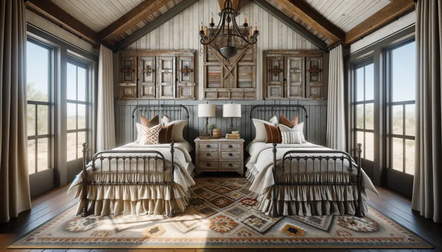 Kids' rustic bedroom with twin iron frame beds, gray paneled walls, and Southwestern flair, featuring vaulted ceilings and wood accents.