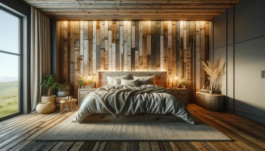 Warm rustic bedroom showcasing a weathered wood accent wall, plush bedding, and reclaimed wood furniture