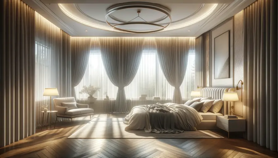 Sophisticated bedroom in morning light with custom-designed curtains draping from ceiling to floor, featuring tranquil and elegant patterns.