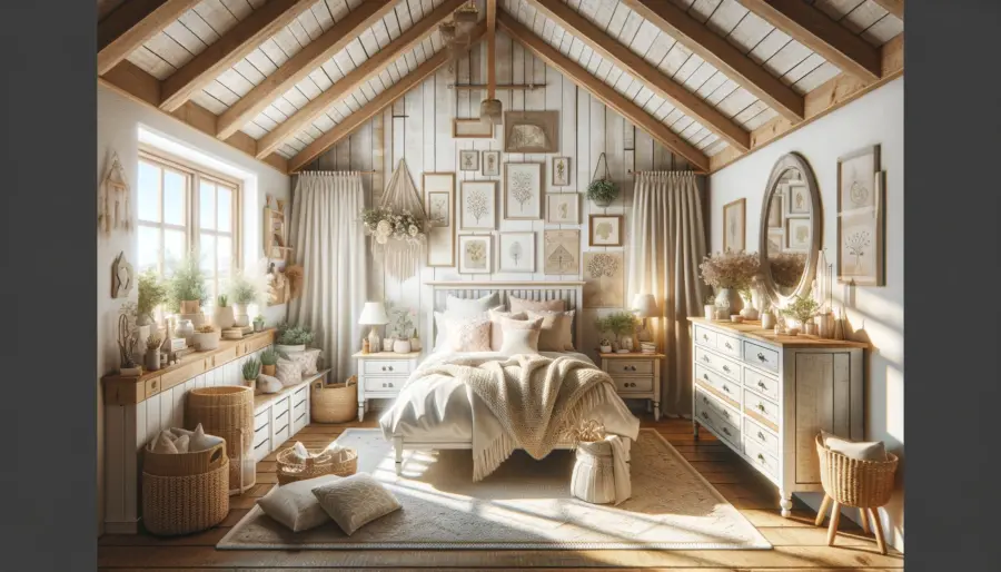 Small rustic bedroom with vaulted ceiling, exposed wood beams, and light color scheme featuring a wooden bed frame and vintage dresser