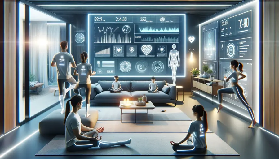 A family in a futuristic living room, wearing smart clothing that monitors their health, with digital screens displaying their health metrics during activities like stretching and meditation.