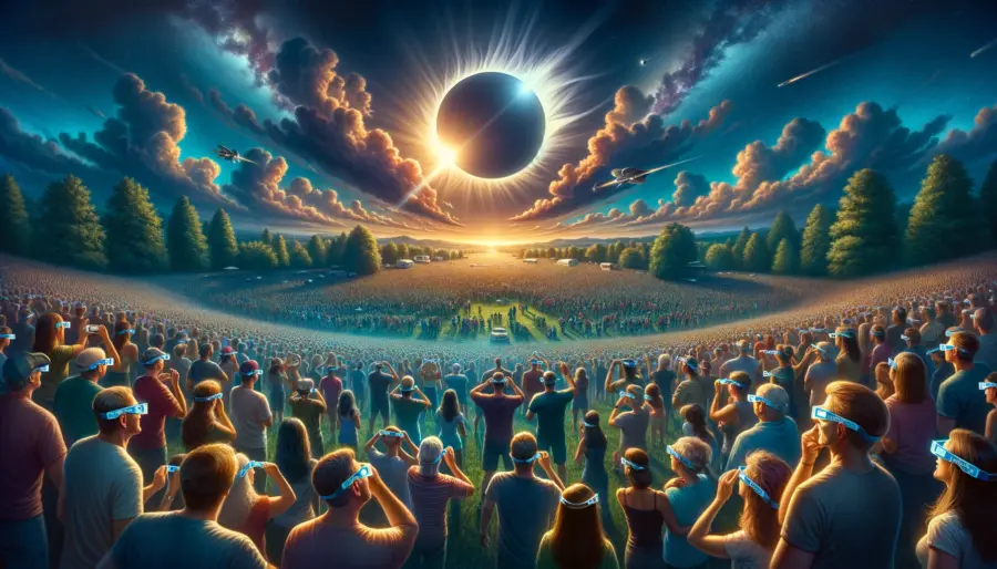 a large, diverse crowd in a scenic park, all donning solar eclipse glasses, as they witness the grandeur of a total solar eclipse. The crowd's faces light up with wonder and excitement against the backdrop of a sky transitioning from day to night, highlighted by the glowing corona of the sun.