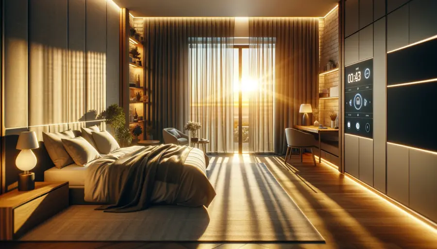 A modern bedroom illuminated by soft morning sunlight through automatically opening smart curtains, showcasing the seamless integration of technology and comfort.