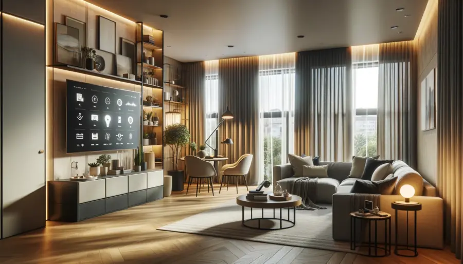 A stylish living room bathed in natural light from smart curtains, emphasizing energy efficiency and modern elegance.