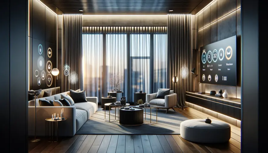 Stylish living room with smart curtains and devices, showcasing seamless integration and sophisticated design