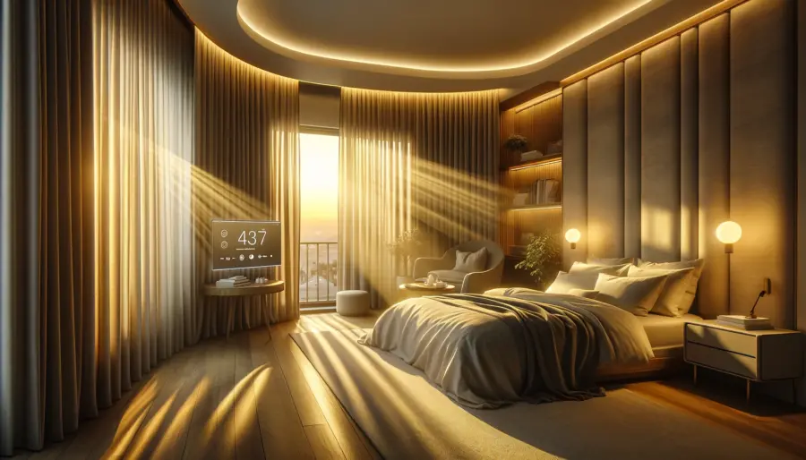 Serene bedroom at dawn with smart curtains gliding open to soft sunlight, highlighting the modern yet cozy ambiance.