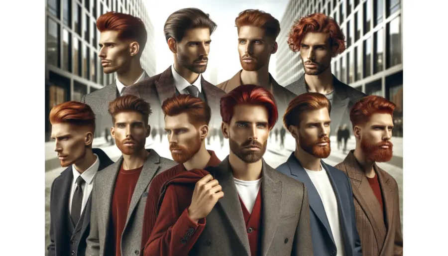 A group of men with red hair showcasing diverse hairstyles in a modern urban setting, emphasizing the unique appeal of red hair in men's fashion.