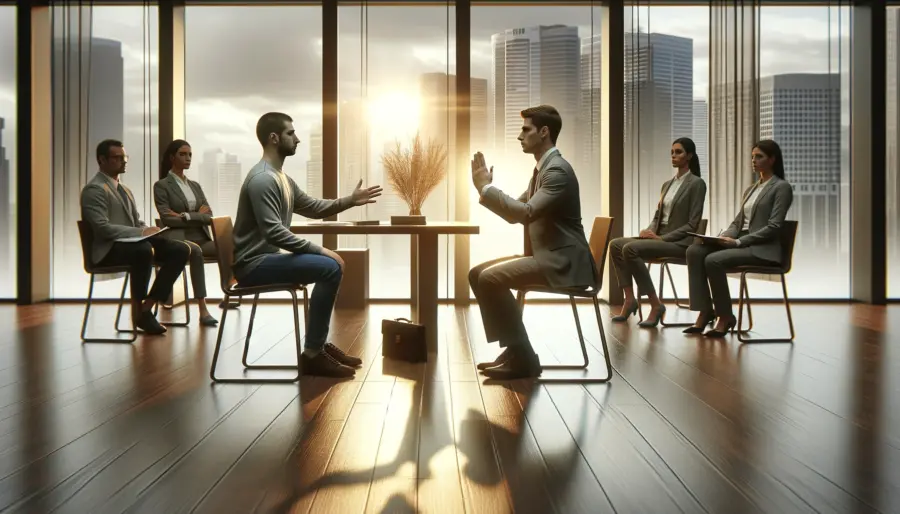 De-Escalation in High-Stress Environments: Strategies for Quick and Effective Resolution 6 Professional training session in a modern conference room, with participants engaging in role-play to practice non-verbal conflict resolution strategies, including open body language and calming gestures.