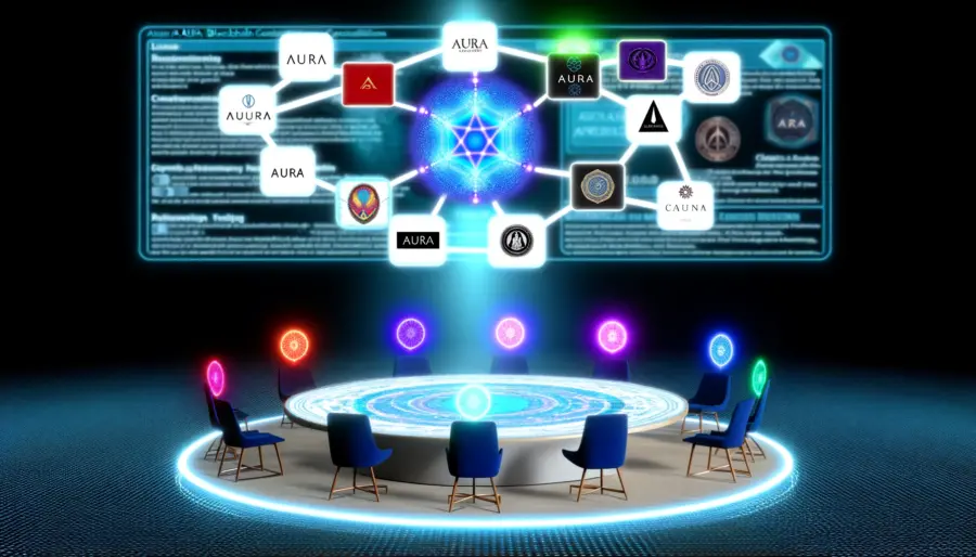 Using Blockchain Technology to Combat Counterfeit Products in the Fashion Industry 5 Luxury fashion brands collaborate around a digital table under the Aura Blockchain Consortium, showcasing collective efforts against counterfeiting.