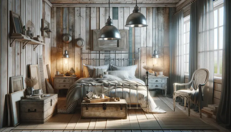 Rustic bedroom with weathered furniture, shiplap walls, and vintage accents under soft lighting
