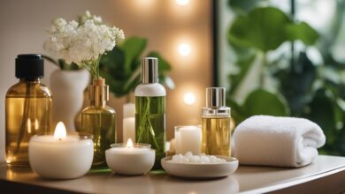 A serene spa room with soft lighting and calming music, featuring a variety of facial products and tools specifically designed for treating acne