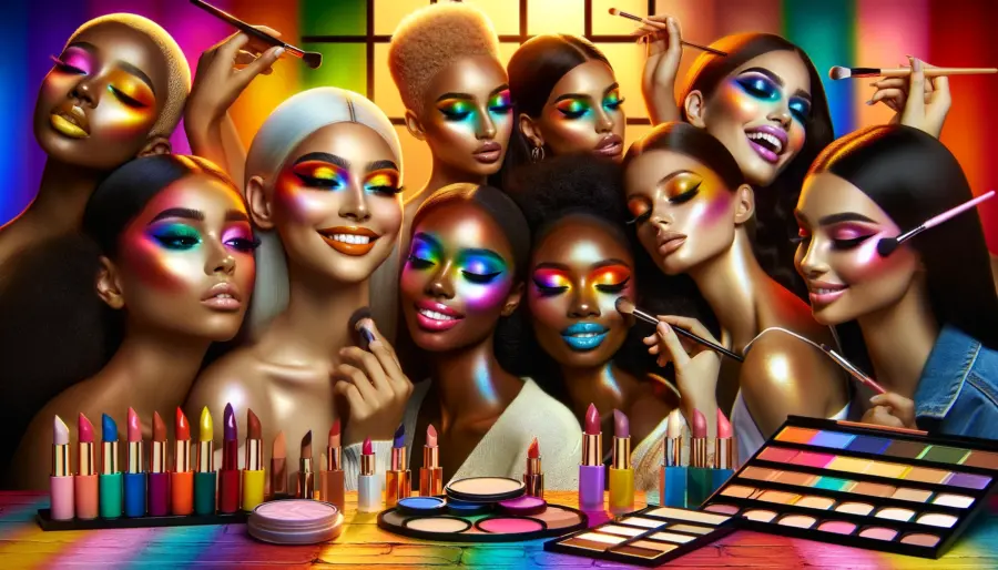 A colorful and diverse makeup tutorial scene in a modern studio, showcasing models of various ethnicities with vibrant euphoric makeup, including bright eyeshadows, bold lips, and glowing highlighters, embodying inclusivity and self-expression.