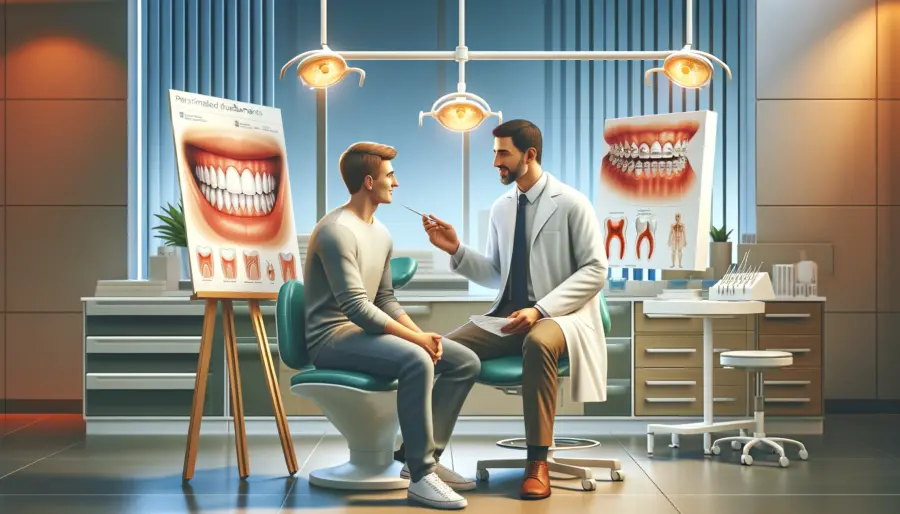 Patient discussing gummy smile treatment options with a dentist, highlighting personalized care in a modern dental office.