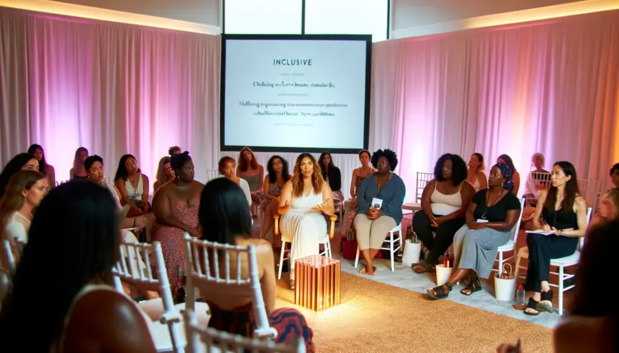 A diverse group of attendees engaged in an inclusive beauty seminar in an elegantly lit room, listening to a speaker discuss representation in the beauty industry, reflecting a commitment to inclusivity across various skin tones, ages, and genders.