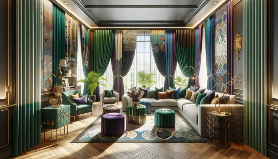 2024 Room-Specific Curtains to Enhance Your Home's Style & Functionality 4 Luxurious living room featuring curtains with vibrant jewel tones and diverse patterns, including geometric prints and floral motifs. Layered curtains add depth, while sheer sections allow light filtration. A smart home device hints at the convenience of motorized curtains