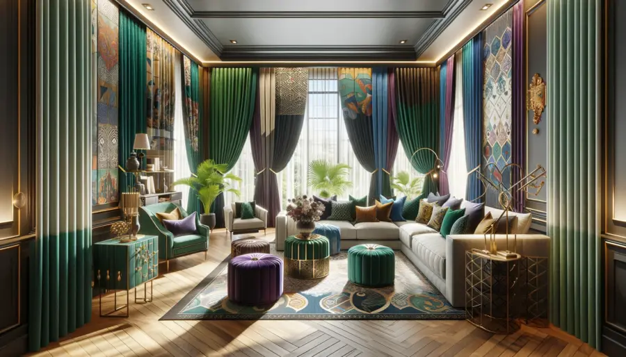 Luxurious living room featuring curtains with vibrant jewel tones and diverse patterns, including geometric prints and floral motifs. Layered curtains add depth, while sheer sections allow light filtration. A smart home device hints at the convenience of motorized curtains