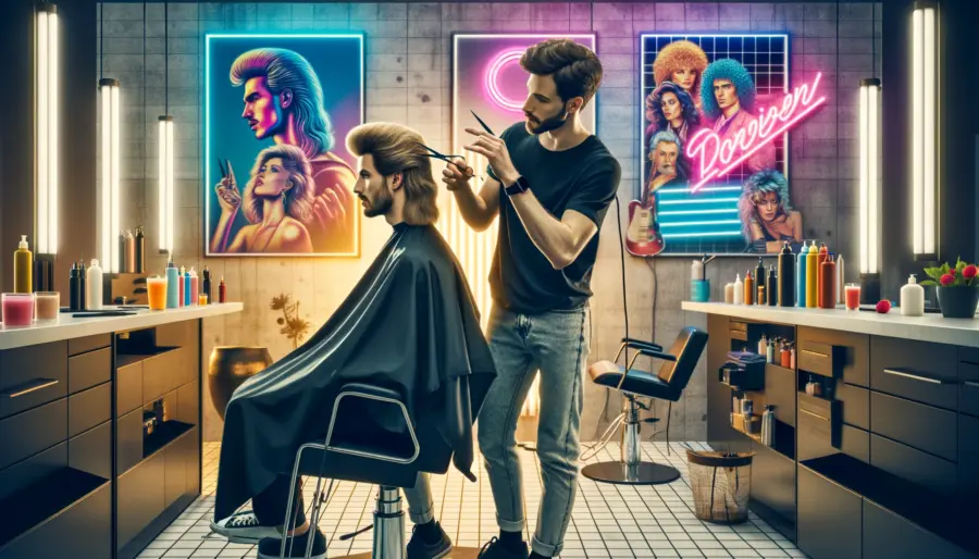 A male hairstylist giving a modern twist to the 1980s mullet haircut to a client in a trendy salon, with 1980s-inspired decor including neon signs and vintage music and movie posters.