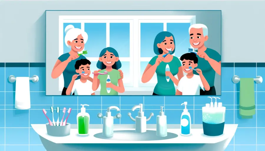 How to Fix a Gummy Smile Without Surgery: Non-Invasive Solutions for a Confident Grin 4 family demonstrates oral care routines including brushing and flossing in a clean, fresh bathroom environment, highlighting the foundation of good dental health.