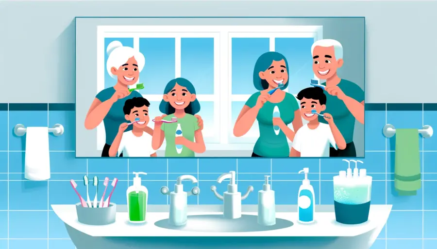  family demonstrates oral care routines including brushing and flossing in a clean, fresh bathroom environment, highlighting the foundation of good dental health.