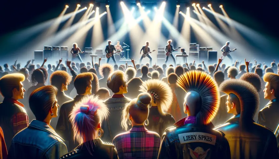  An electrifying 1980s concert scene showcasing audience members with punk hairstyles like mohawks and liberty spikes, and slick back hair, amid dramatic stage lighting and a live band performance.