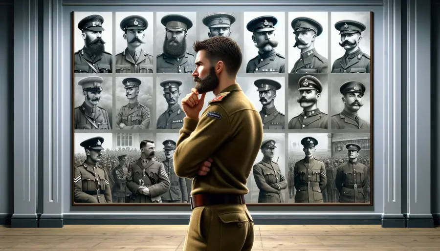 A modern British Army soldier, clean-shaven, thoughtfully examines historical photographs of military personnel with various styles of beards and mustaches, symbolizing the ongoing debate about facial hair regulations.