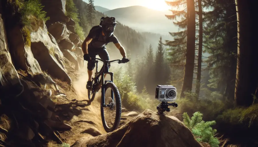 Mountain biker recording a steep descent with a helmet-mounted action camera in a rugged terrain.