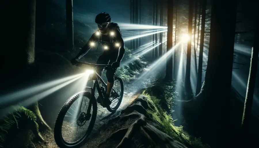 Mountain biker with bike lights and reflective gear riding at night through a wooded trail.