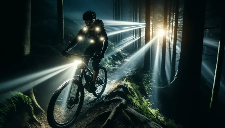 Top 16 Gift Ideas for a Mountain Biker - Explore Now! 7 Mountain biker with bike lights and reflective gear riding at night through a wooded trail.