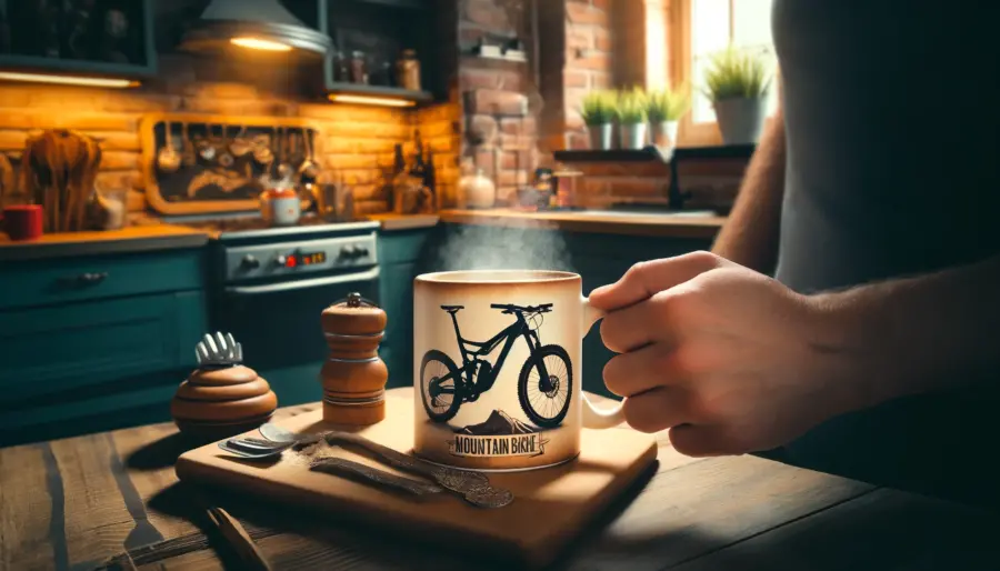 Mountain biker enjoying a hot beverage from a bike-themed mug in a cozy kitchen.
