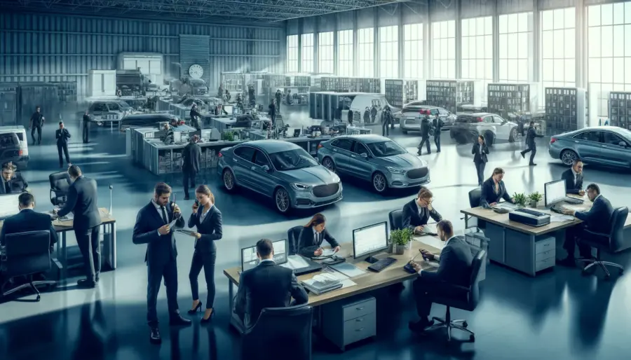 Top 8 Steps to Launch Your Car Hauling Business 7 Busy car hauling business office with staff coordinating logistics, highlighting teamwork and efficient operations.