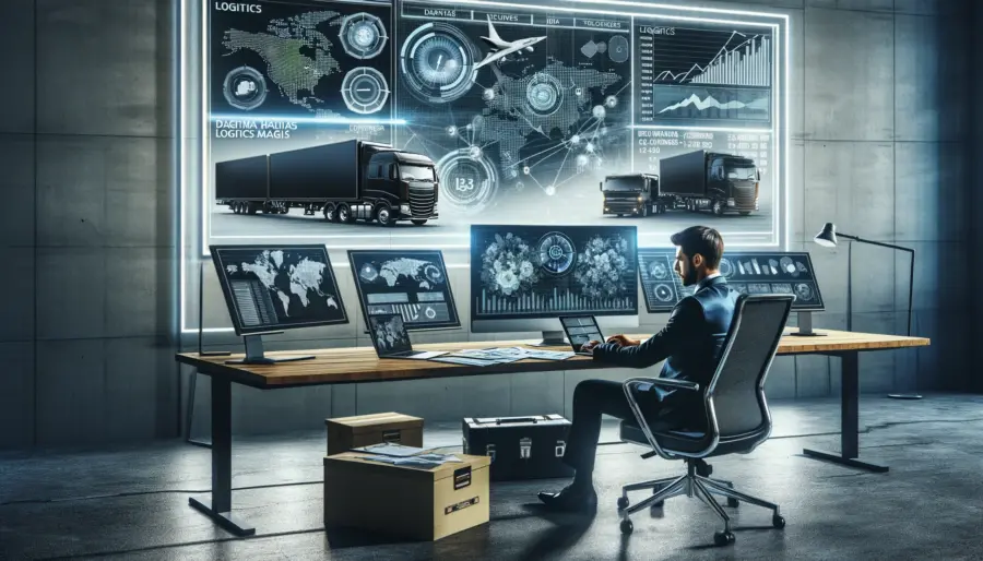 Entrepreneur analyzing car hauling logistics on multiple screens in a modern office.