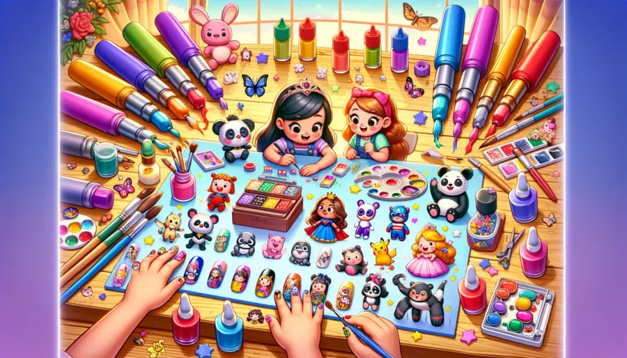 Children painting nails with cartoon and animal designs, featuring vibrant colors and playful themes.