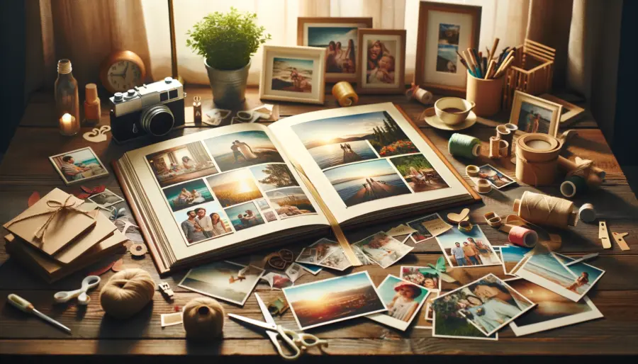 Open custom photo book on a wooden table surrounded by photos and crafting materials, highlighting cherished memories of family vacations and special moments.