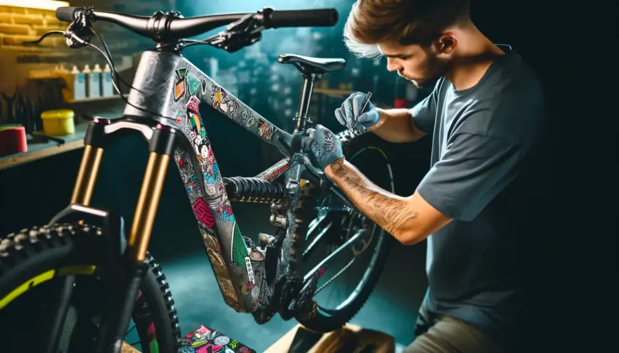  Mountain biker applying custom decals and stickers to a bike in a garage.