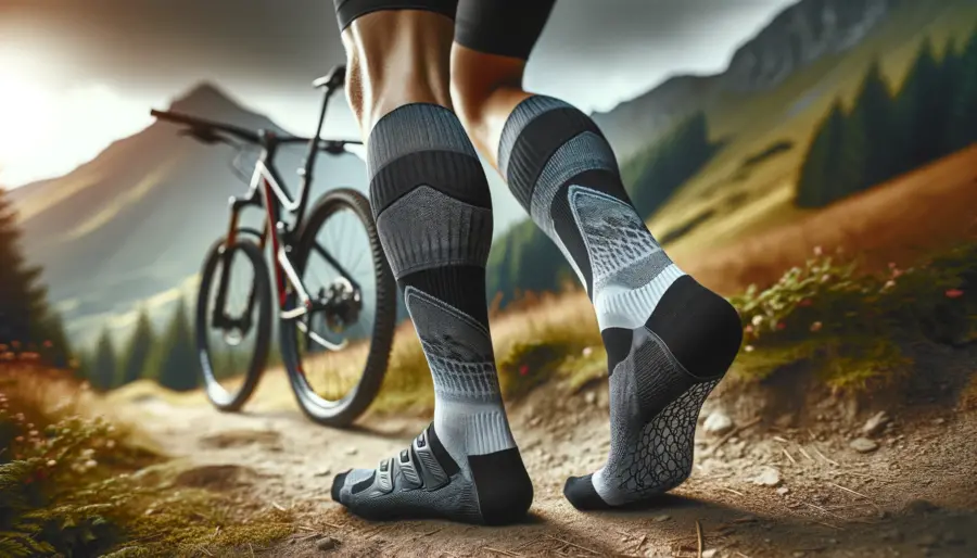 Close-up of mountain biker's feet in specialized cycling socks and compression wear on a scenic trail.