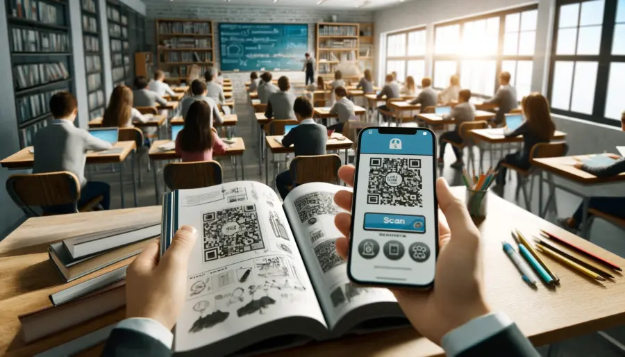 Students in a modern classroom scanning QR codes in textbooks to access educational resources.